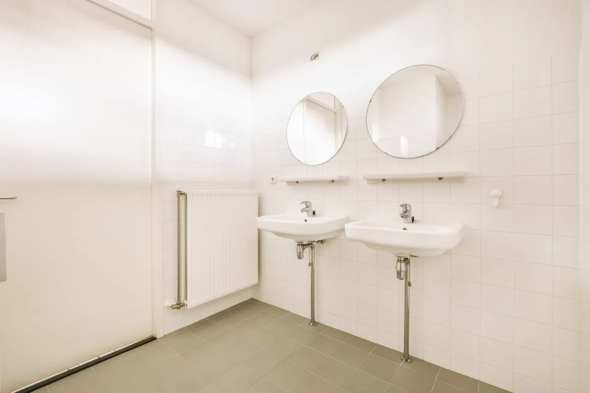 Row of modern sinks with mirrors and plants in a gym restroom, maintained by reliable gym cleaning services.